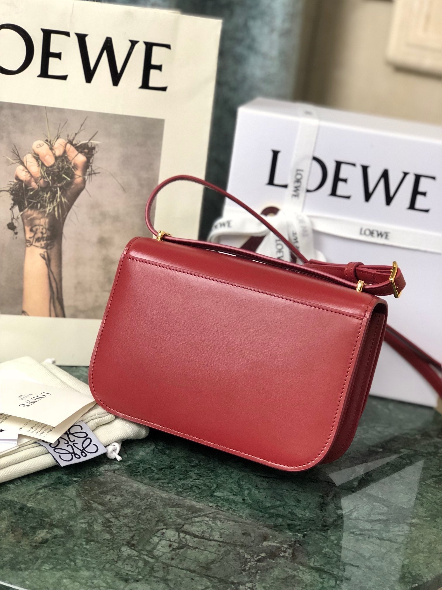 LOEWE LOE GOYA BAG 18 IN CHERRY RED SILK CALFSKIN