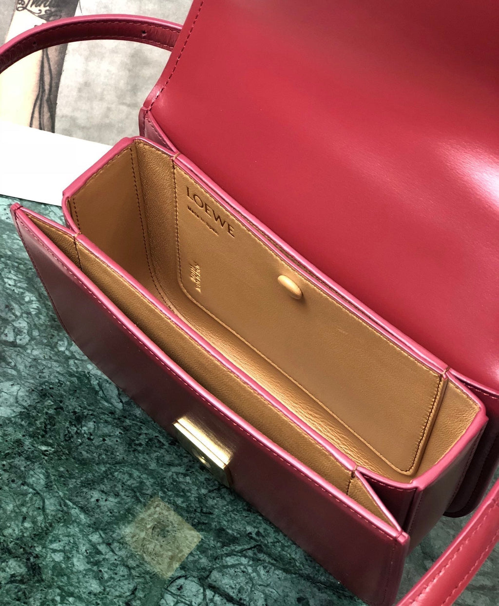 LOEWE LOE GOYA BAG 18 IN CHERRY RED SILK CALFSKIN