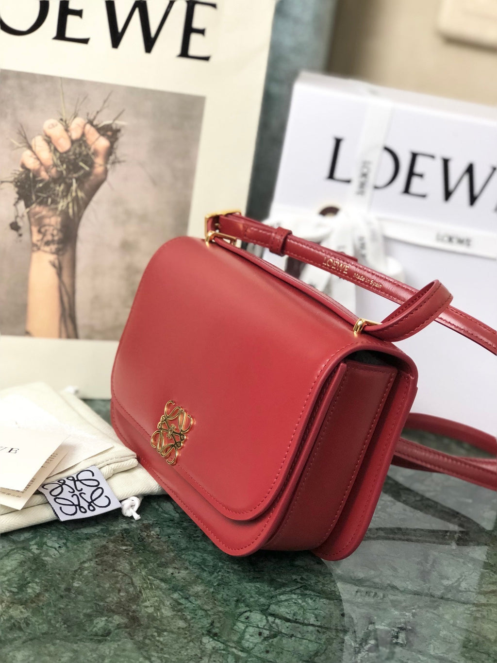 LOEWE LOE GOYA BAG 18 IN CHERRY RED SILK CALFSKIN
