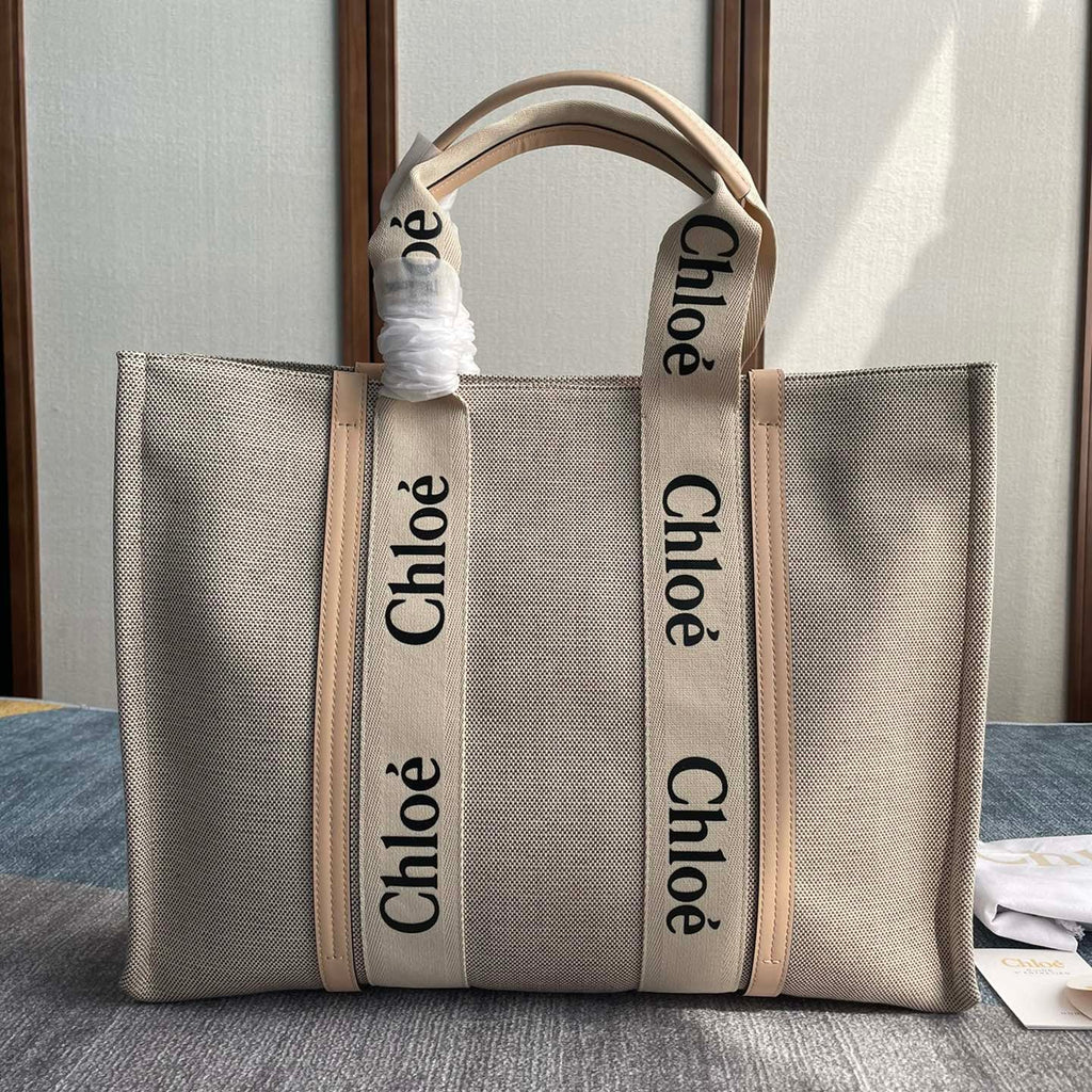 CHLOE LAGRE WOODY TOTE BAG 45 IN BEIGE LINEN CANVAS BLACK WEBBING LOGO EMBROIDER NUDE CALFSKIN