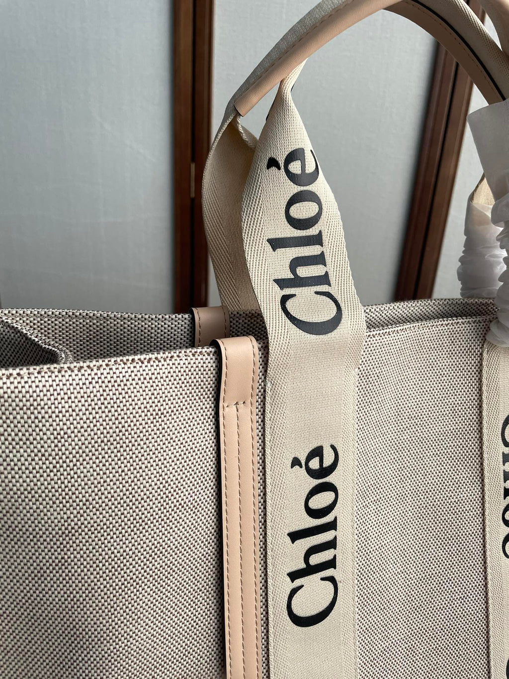 CHLOE LAGRE WOODY TOTE BAG 45 IN BEIGE LINEN CANVAS BLACK WEBBING LOGO EMBROIDER NUDE CALFSKIN