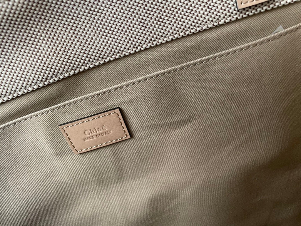 CHLOE LAGRE WOODY TOTE BAG 45 IN BEIGE LINEN CANVAS BLACK WEBBING LOGO EMBROIDER NUDE CALFSKIN