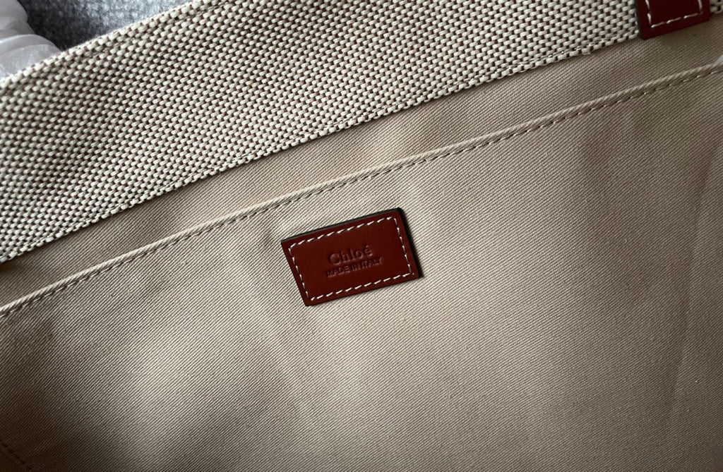 CHLOE LAGRE STRAP WOODY TOTE BAG 45 IN BEIGE LINEN CANVAS BLACK WEBBING LOGO EMBROIDER BROWN CALFSKIN