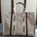 CHLOE LAGRE STRAP WOODY TOTE BAG 45 IN BEIGE LINEN CANVAS BLACK WEBBING LOGO EMBROIDER BROWN CALFSKIN