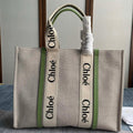 CHLOE LAGRE WOODY TOTE BAG 45 IN BEIGE LINEN CANVAS BLACK WEBBING LOGO EMBROIDER GREEN CALFSKIN