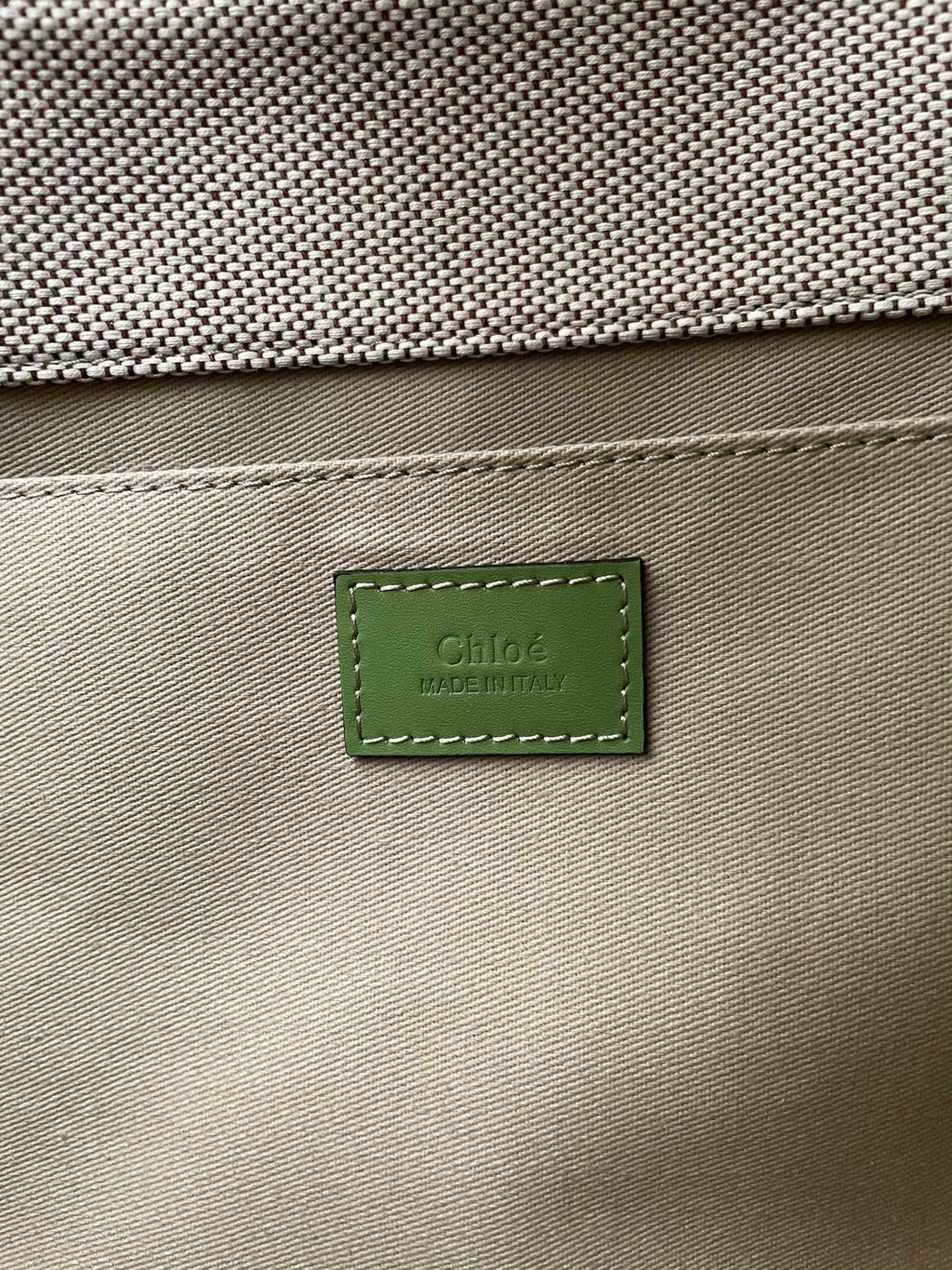 CHLOE LAGRE WOODY TOTE BAG 45 IN BEIGE LINEN CANVAS BLACK WEBBING LOGO EMBROIDER GREEN CALFSKIN