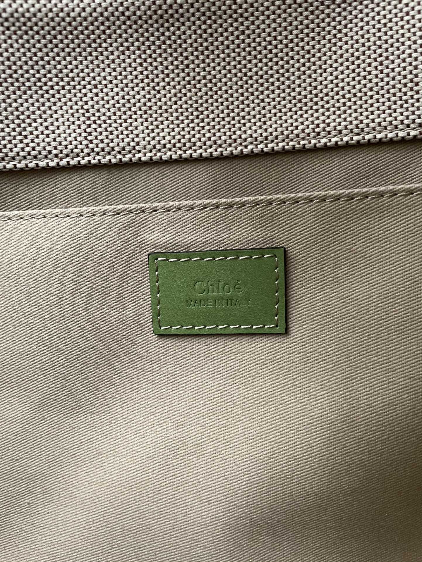CHLOE LAGRE WOODY TOTE BAG 45 IN BEIGE LINEN CANVAS BLACK WEBBING LOGO EMBROIDER GREEN CALFSKIN