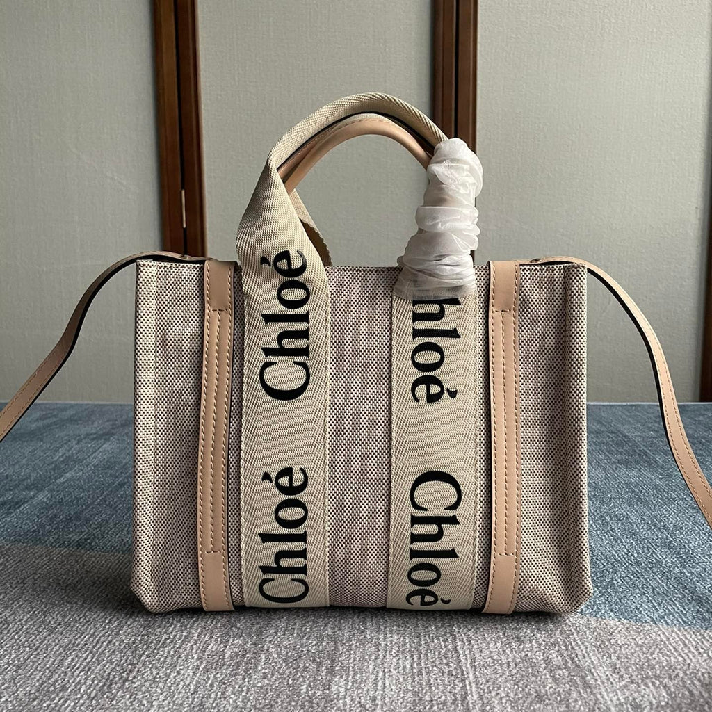CHLOE SMALL STRAP WOODY TOTE BAG 26.5 IN BEIGE LINEN CANVAS BLACK WEBBING LOGO EMBROIDER NUDE CALFSKIN