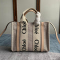 CHLOE SMALL STRAP WOODY TOTE BAG 26.5 IN BEIGE LINEN CANVAS BLACK WEBBING LOGO EMBROIDER NUDE CALFSKIN
