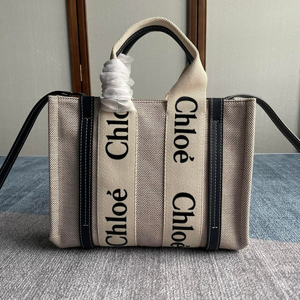 CHLOE SMALL STRAP WOODY TOTE BAG 26.5 IN BEIGE LINEN CANVAS BLACK WEBBING LOGO EMBROIDER BLACK CALFSKIN