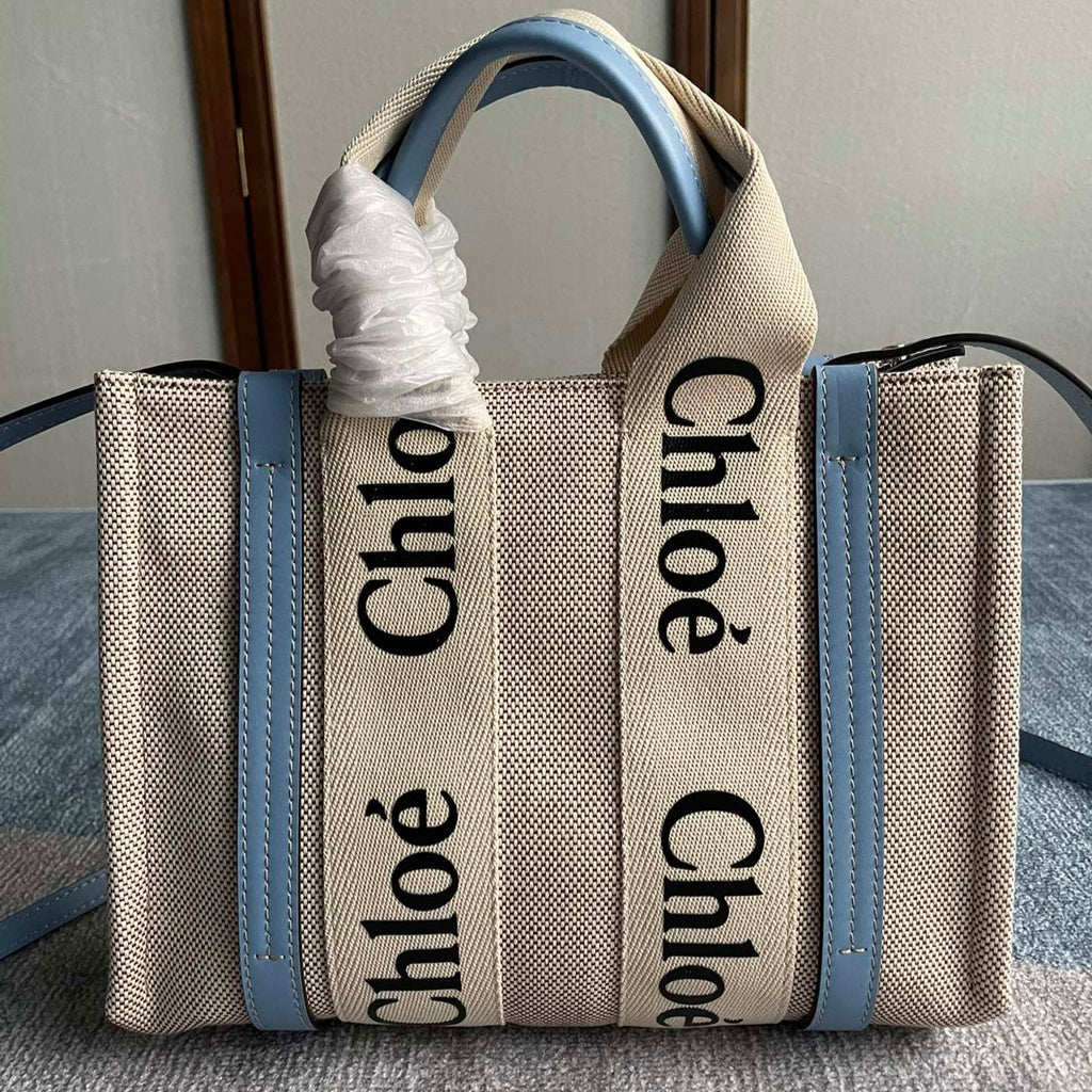 CHLOE SMALL STRAP WOODY TOTE BAG 26.5 IN BEIGE LINEN CANVAS BLACK WEBBING LOGO EMBROIDER BLUE CALFSKIN