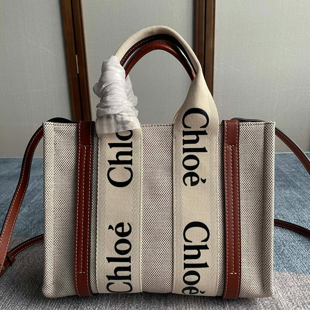CHLOE SMALL STRAP WOODY TOTE BAG 26.5 IN BEIGE LINEN CANVAS BLACK WEBBING LOGO EMBROIDER BROWN CALFSKIN