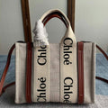 CHLOE SMALL STRAP WOODY TOTE BAG 26.5 IN BEIGE LINEN CANVAS BLACK WEBBING LOGO EMBROIDER BROWN CALFSKIN