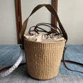 CHLOE SMALL WOODY BASKET 17 IN NATURAL FIBERS BROWN WEBBING DARK BROWN CALFSKIN