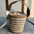 CHLOE SMALL WOODY BASKET 17 IN BROWN AND WHITE FIBERS BROWN WEBBING BLACK CALFSKIN