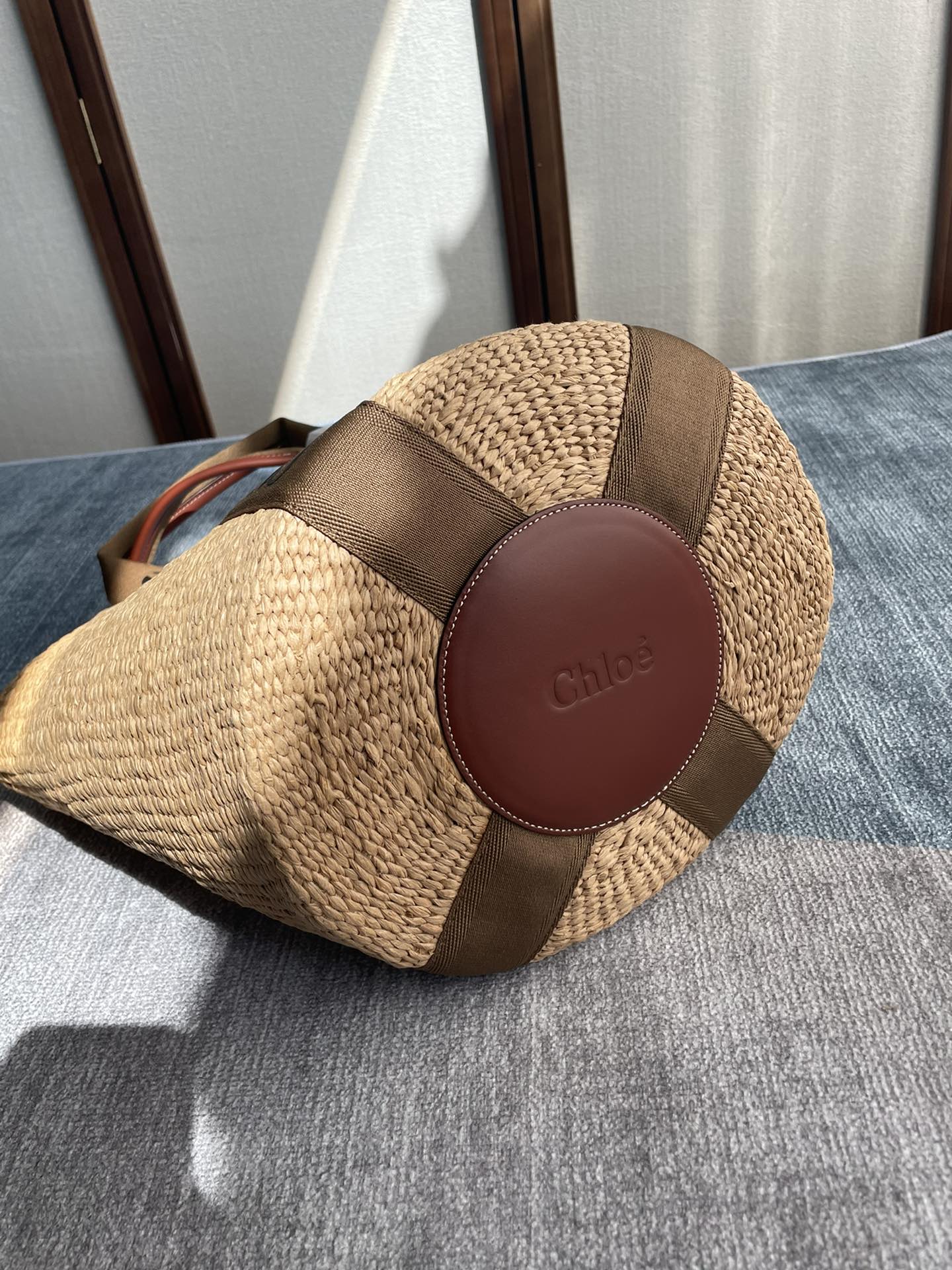 CHLOE LAGRE WOODY TOTE BAG 48 IN NATURAL FIBERS BROWN WEBBING AND CALFSKIN