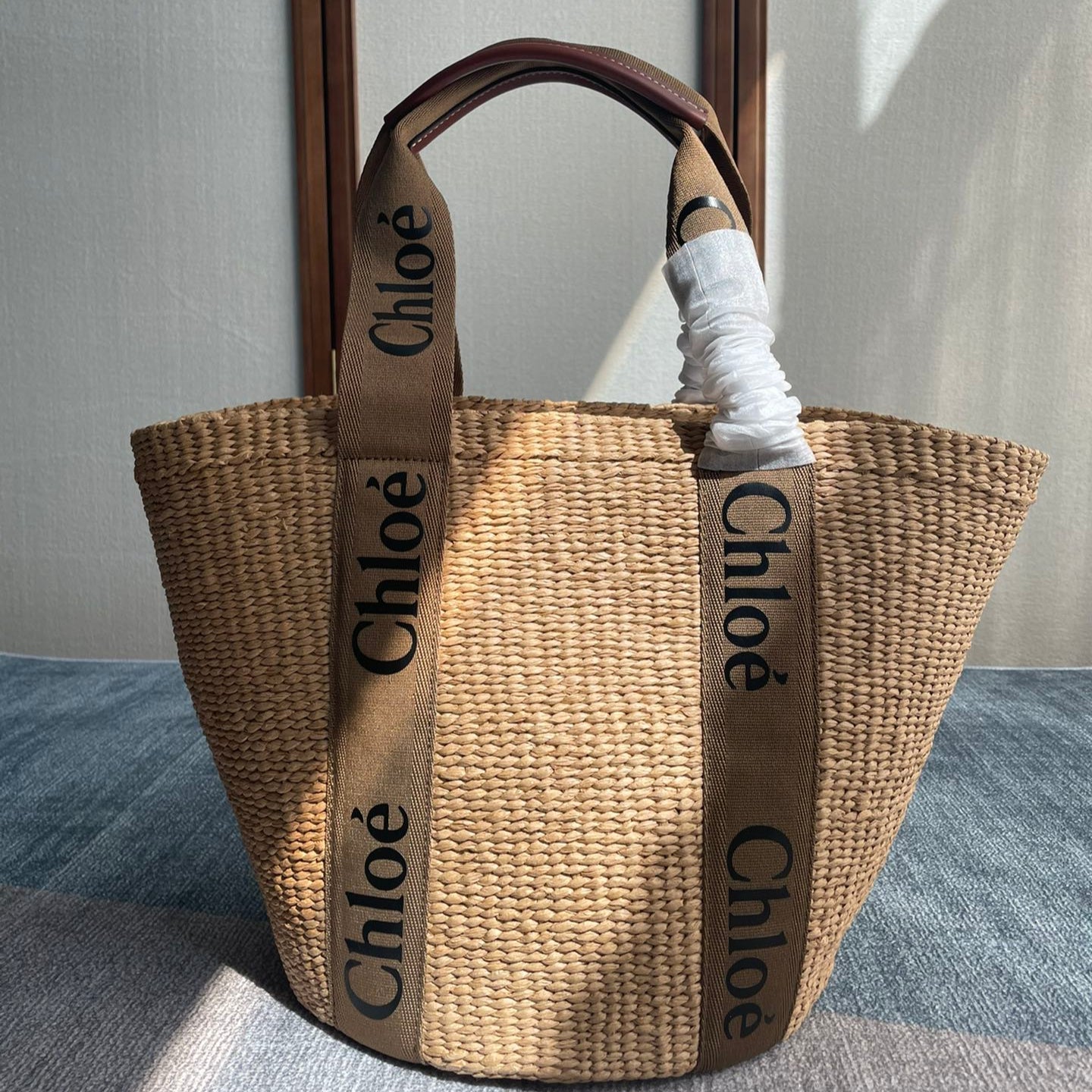 CHLOE LAGRE WOODY TOTE BAG 48 IN NATURAL FIBERS BROWN WEBBING AND CALFSKIN