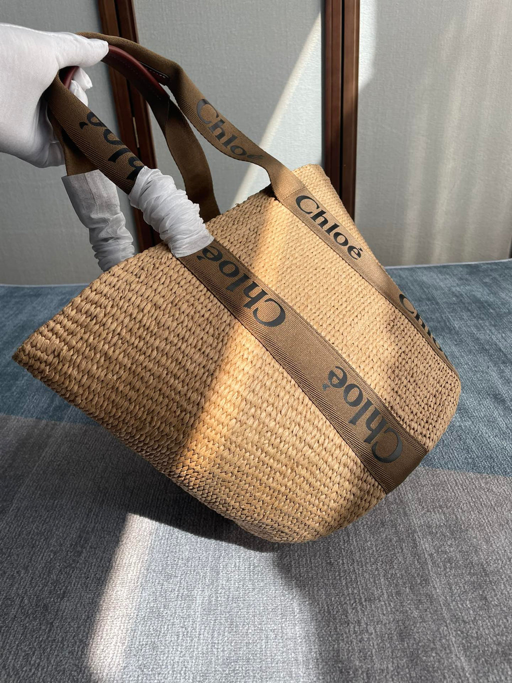 CHLOE LAGRE WOODY TOTE BAG 48 IN NATURAL FIBERS BROWN WEBBING AND CALFSKIN