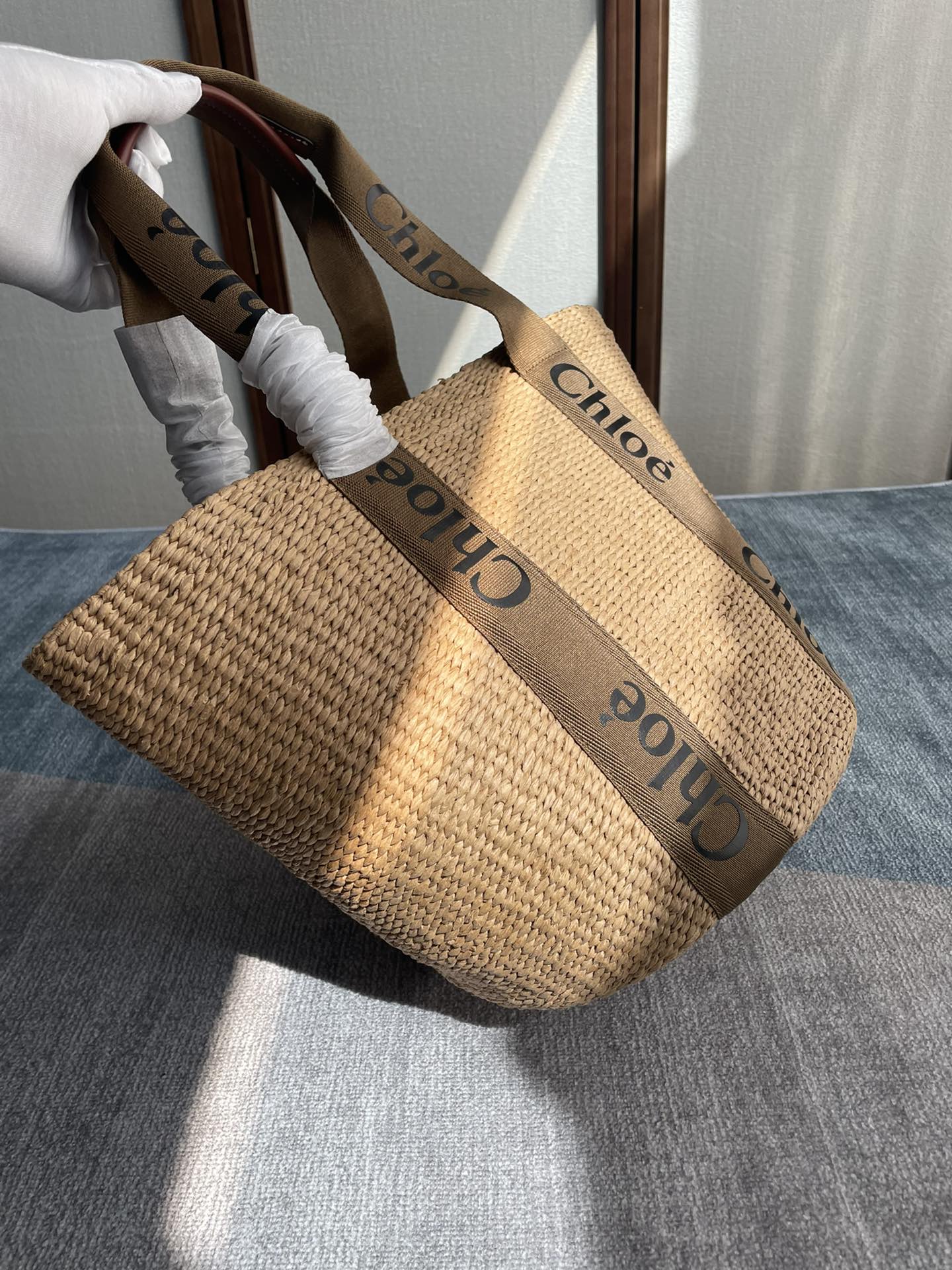 CHLOE LAGRE WOODY TOTE BAG 48 IN NATURAL FIBERS BROWN WEBBING AND CALFSKIN