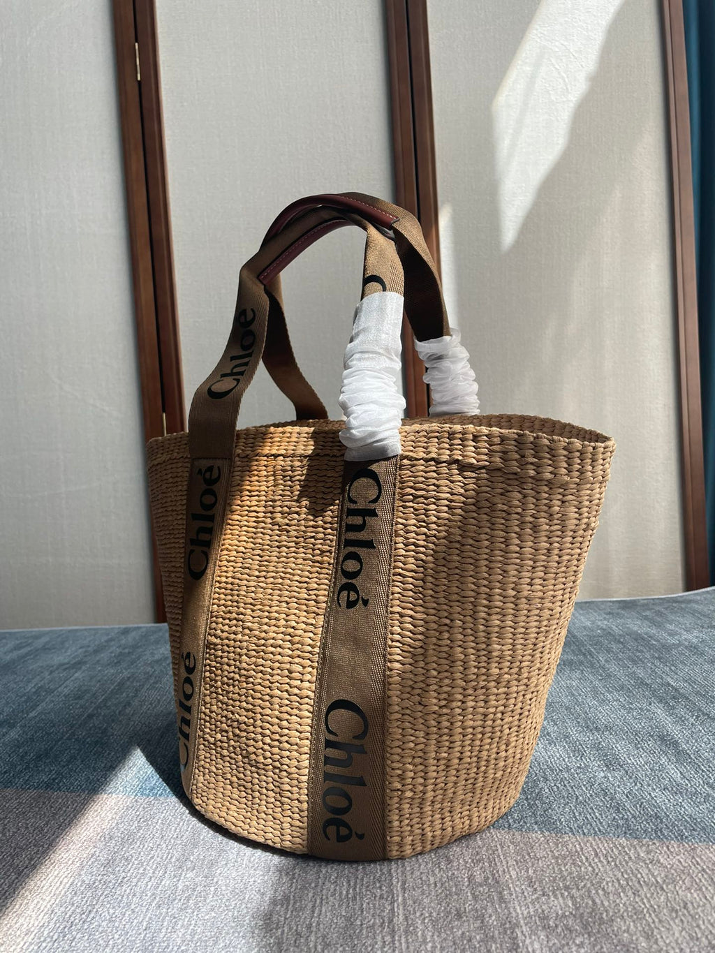 CHLOE LAGRE WOODY TOTE BAG 48 IN NATURAL FIBERS BROWN WEBBING AND CALFSKIN