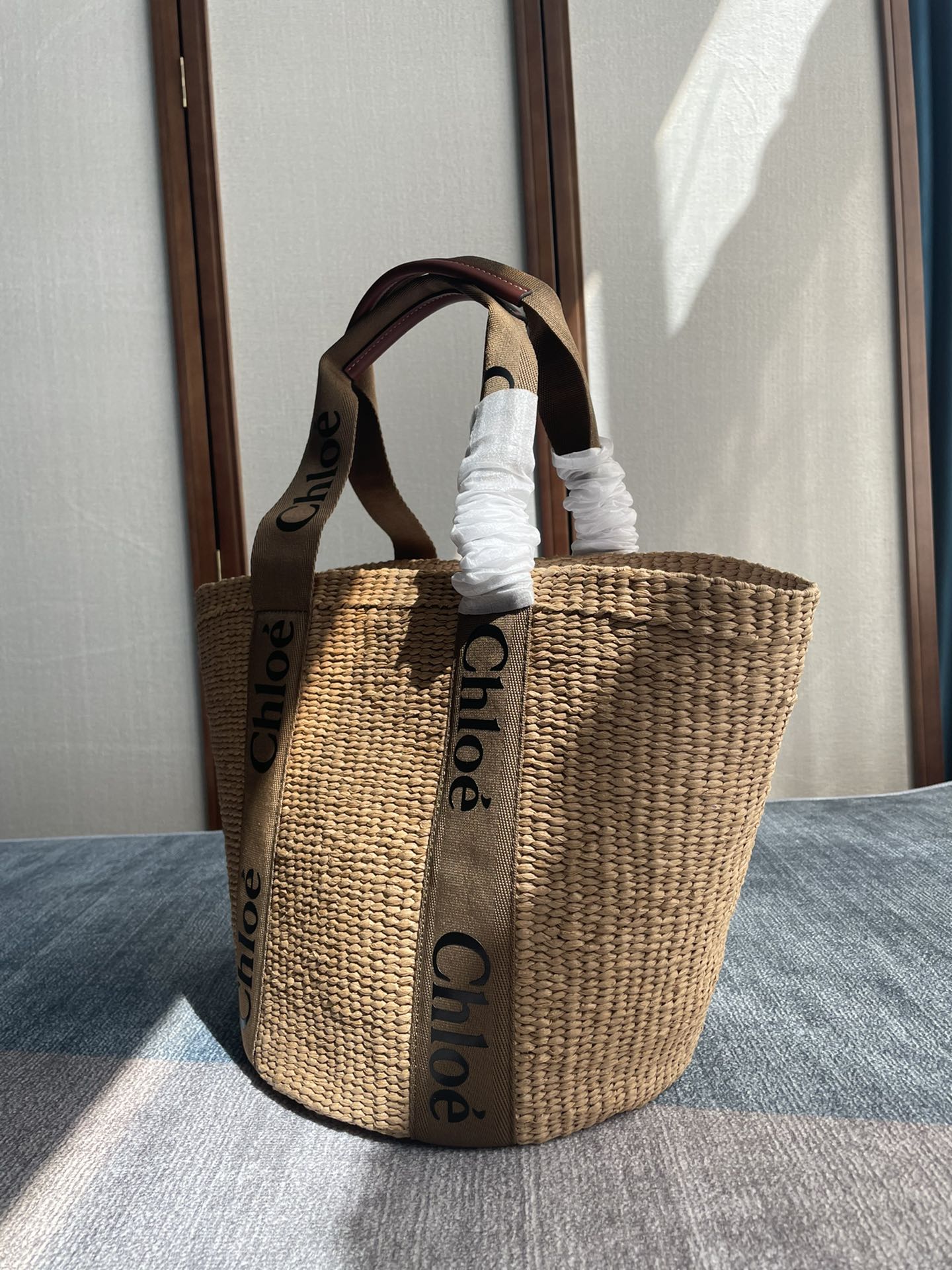 CHLOE LAGRE WOODY TOTE BAG 48 IN NATURAL FIBERS BROWN WEBBING AND CALFSKIN