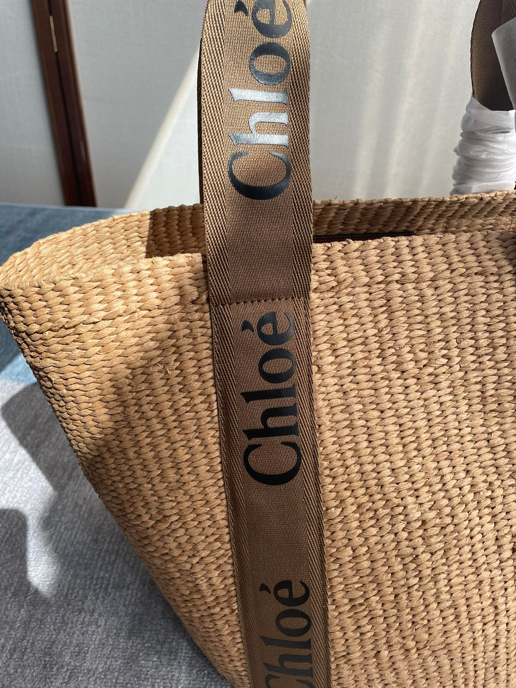 CHLOE LAGRE WOODY TOTE BAG 48 IN NATURAL FIBERS BROWN WEBBING AND CALFSKIN