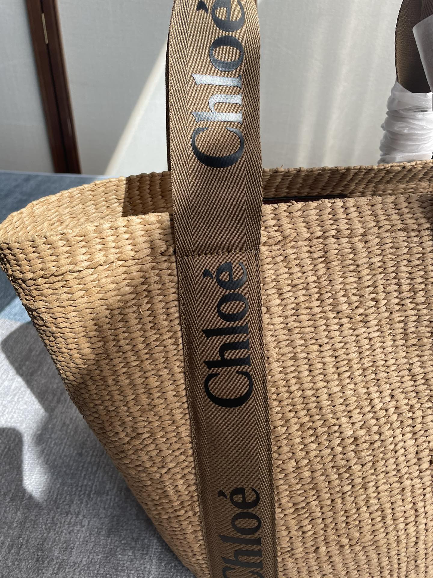 CHLOE LAGRE WOODY TOTE BAG 48 IN NATURAL FIBERS BROWN WEBBING AND CALFSKIN