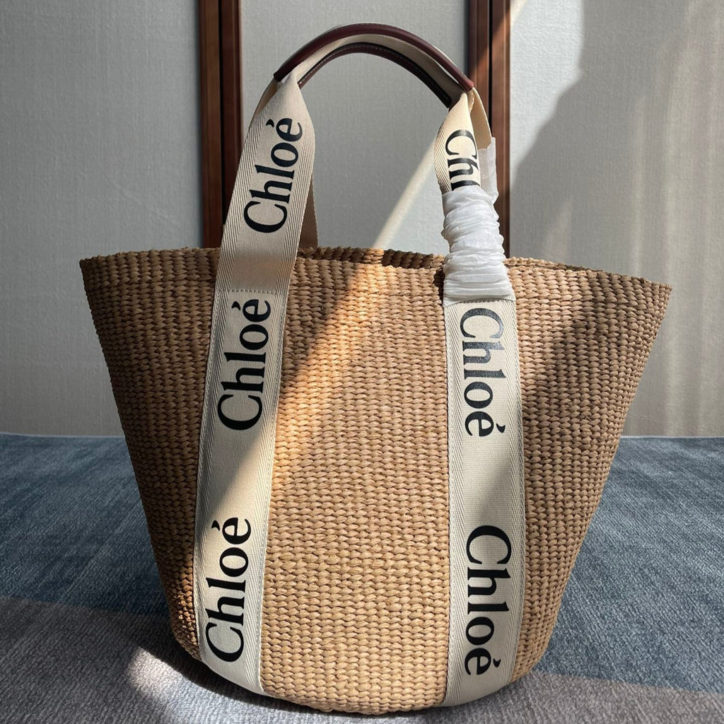 CHLOE LAGRE WOODY TOTE BAG 48 IN NATURAL FIBERS BEIGE WEBBING BROWN CALFSKIN