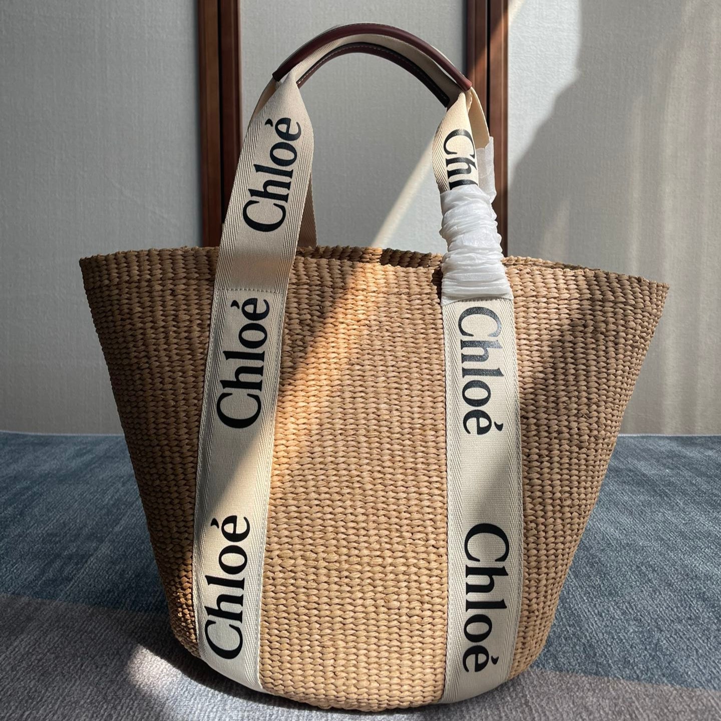 CHLOE LAGRE WOODY TOTE BAG 48 IN NATURAL FIBERS BEIGE WEBBING BROWN CALFSKIN