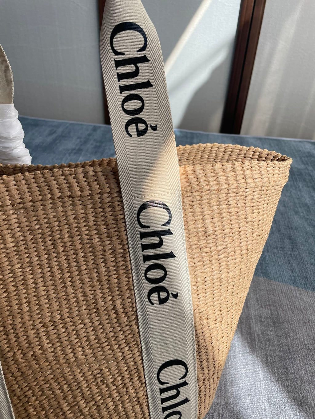 CHLOE LAGRE WOODY TOTE BAG 48 IN NATURAL FIBERS BEIGE WEBBING BROWN CALFSKIN