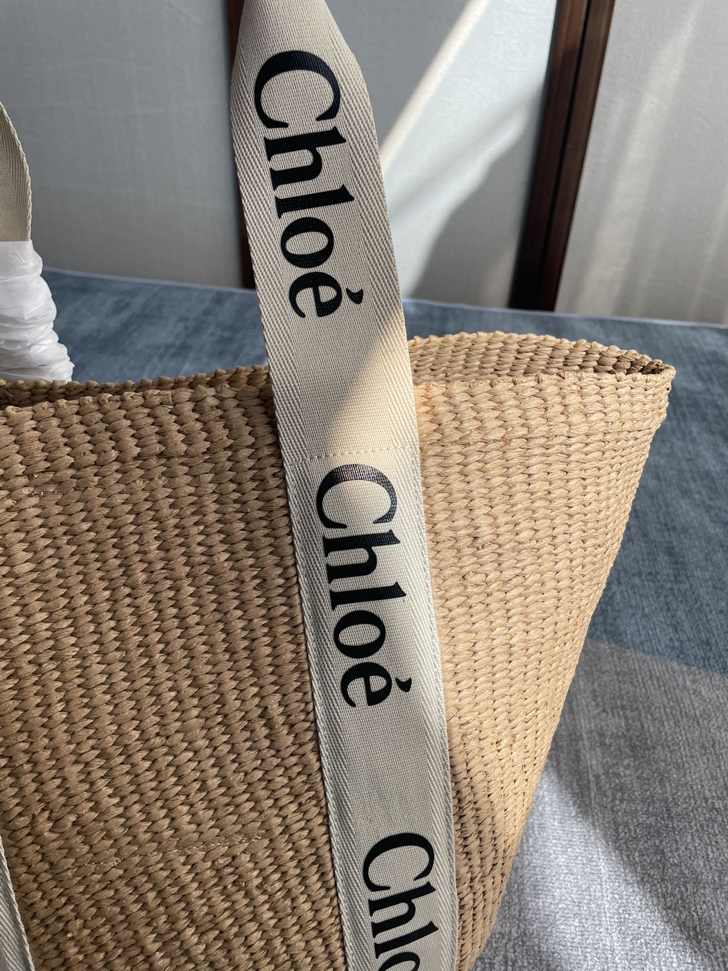 CHLOE LAGRE WOODY TOTE BAG 48 IN NATURAL FIBERS BEIGE WEBBING BROWN CALFSKIN