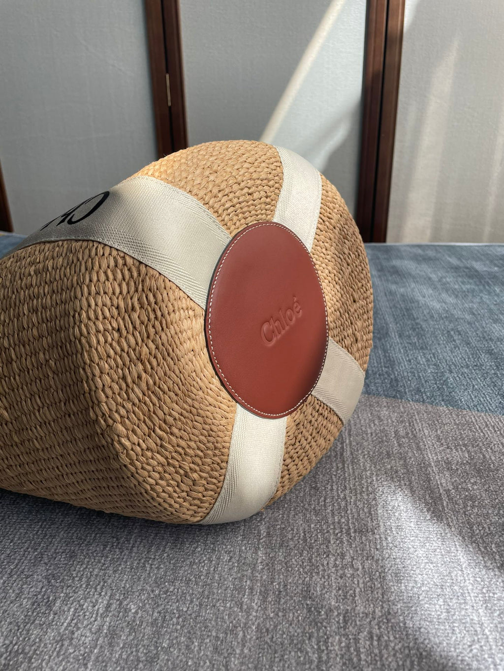 CHLOE LAGRE WOODY TOTE BAG 48 IN NATURAL FIBERS BEIGE WEBBING BROWN CALFSKIN