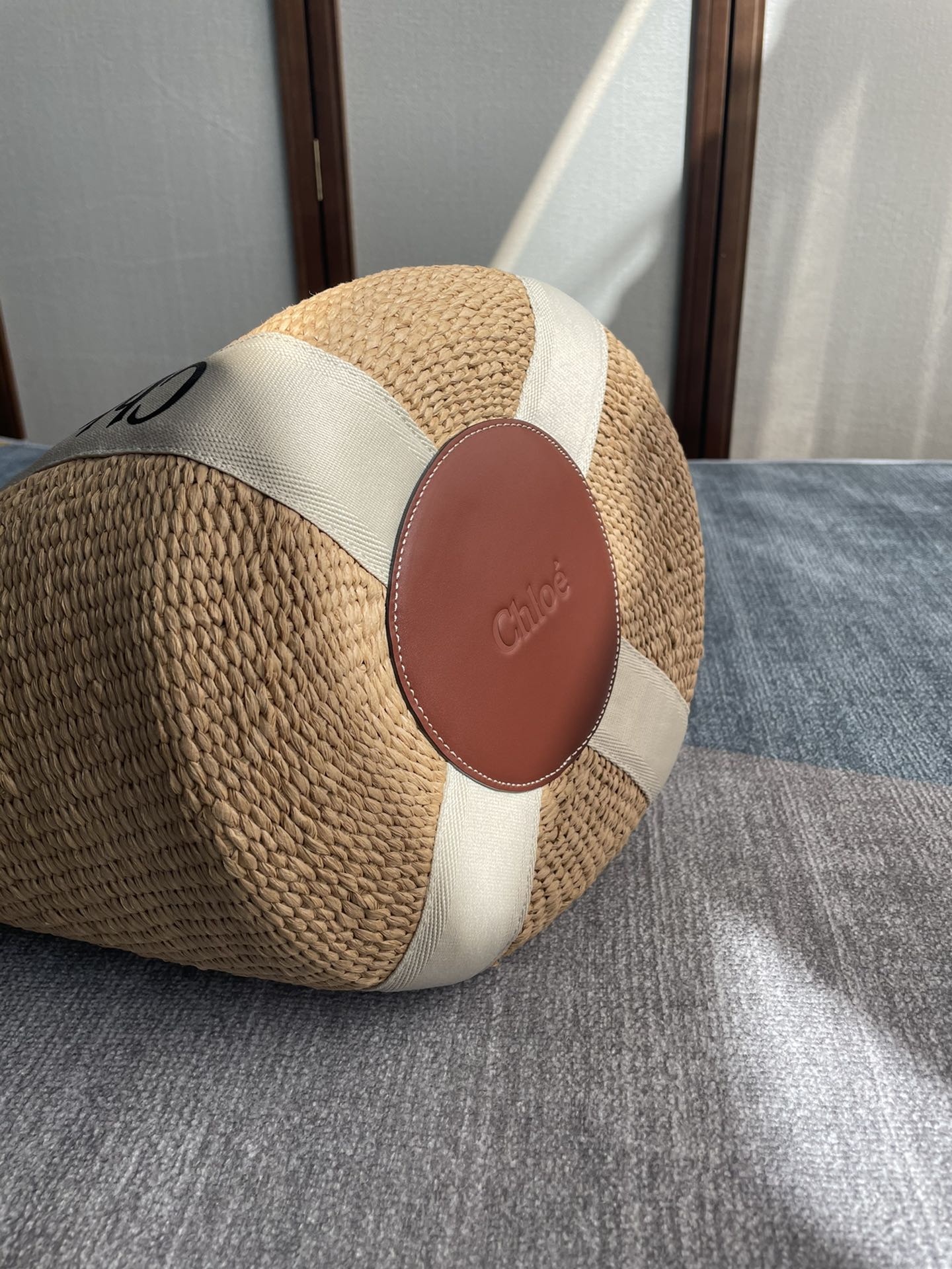 CHLOE LAGRE WOODY TOTE BAG 48 IN NATURAL FIBERS BEIGE WEBBING BROWN CALFSKIN