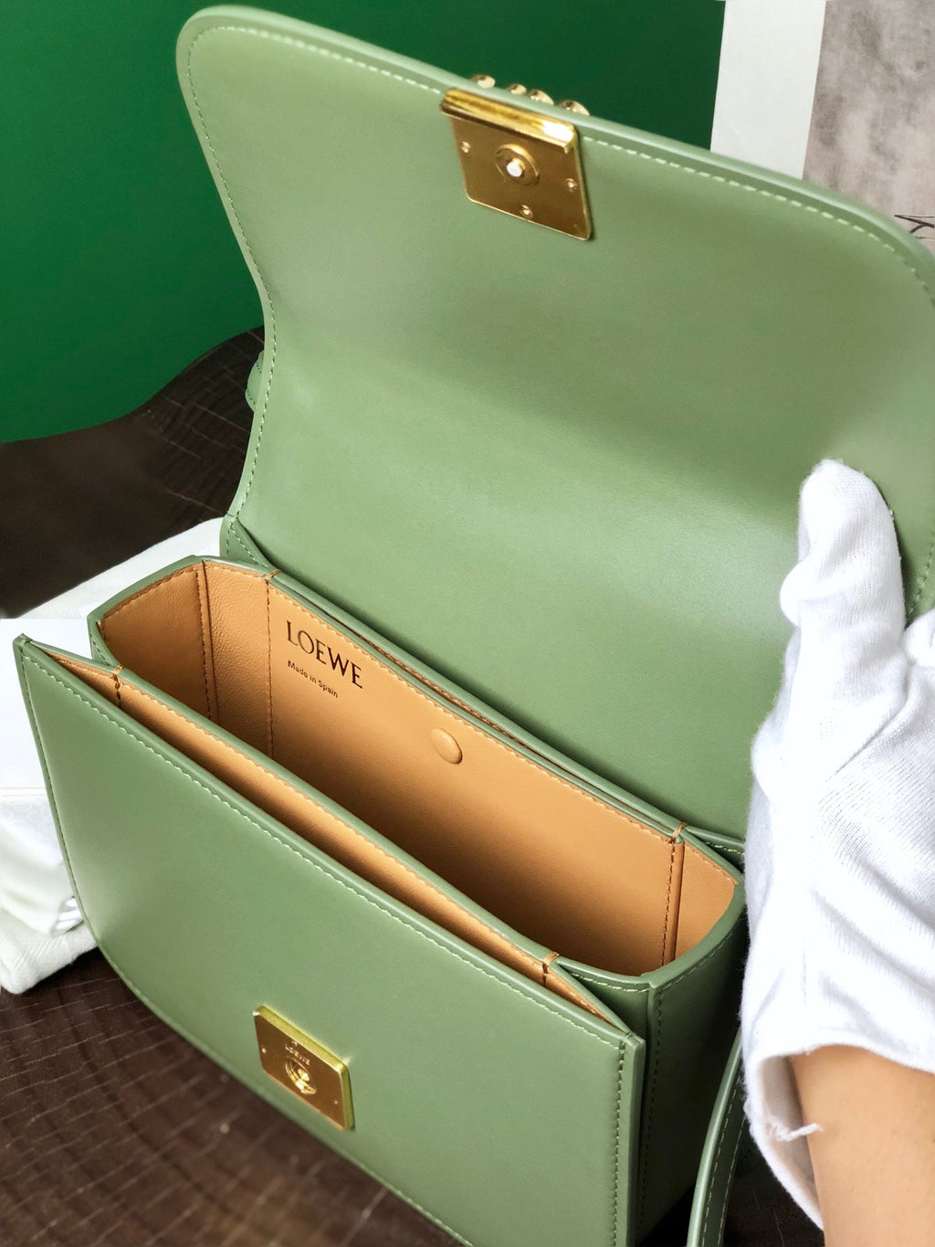 LOEWE GOYA 18 BAG IN AVOCADO GREEN SILK CALFSKIN