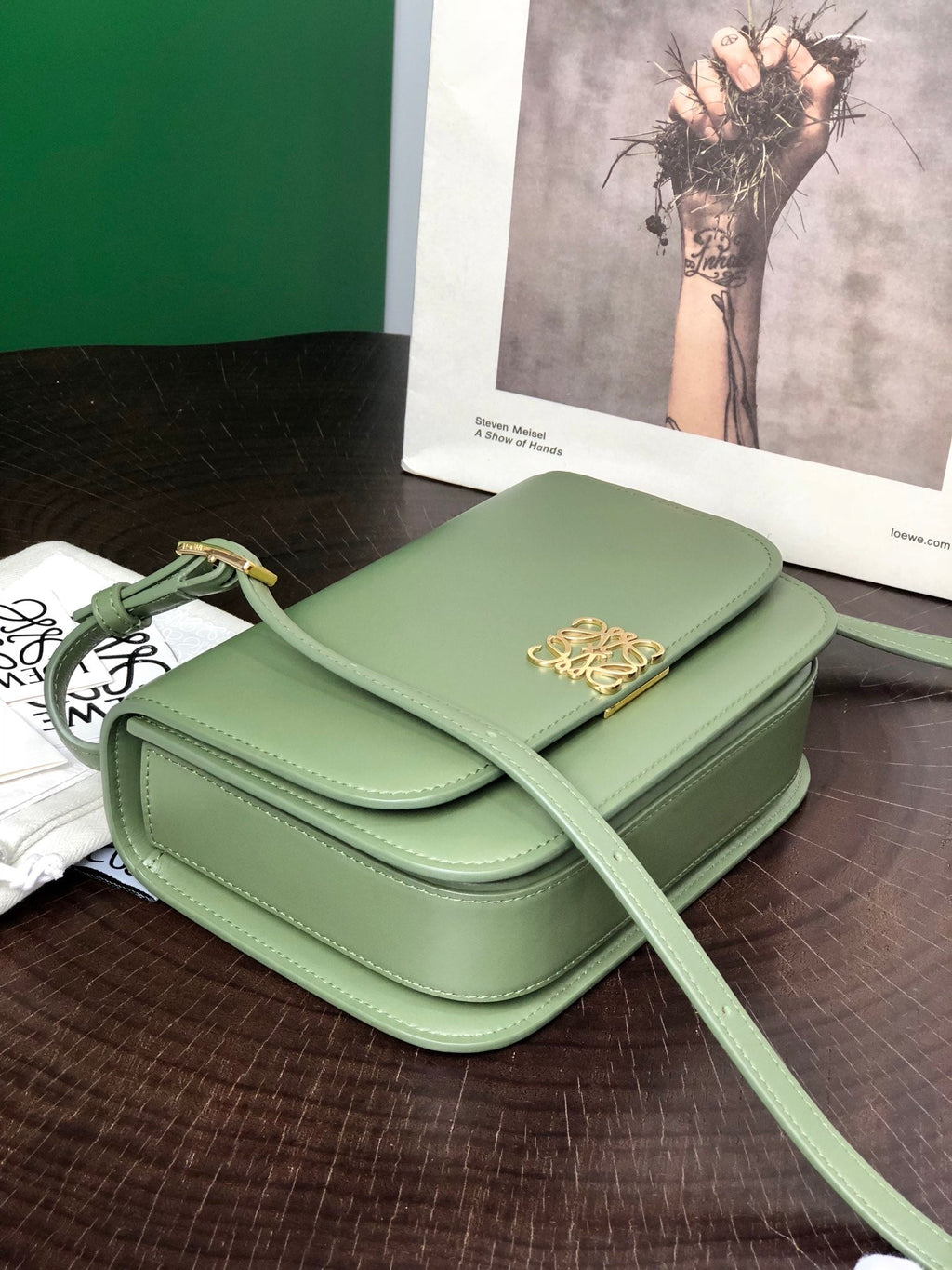 LOEWE GOYA 18 BAG IN AVOCADO GREEN SILK CALFSKIN