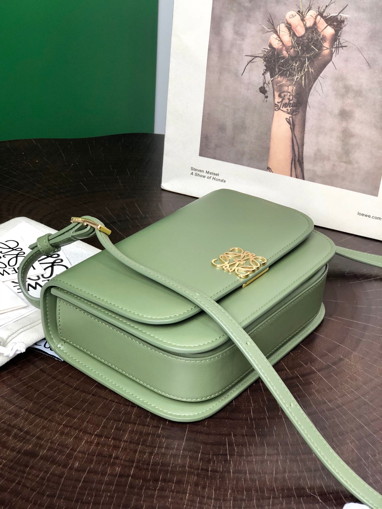 LOEWE GOYA 18 BAG IN AVOCADO GREEN SILK CALFSKIN
