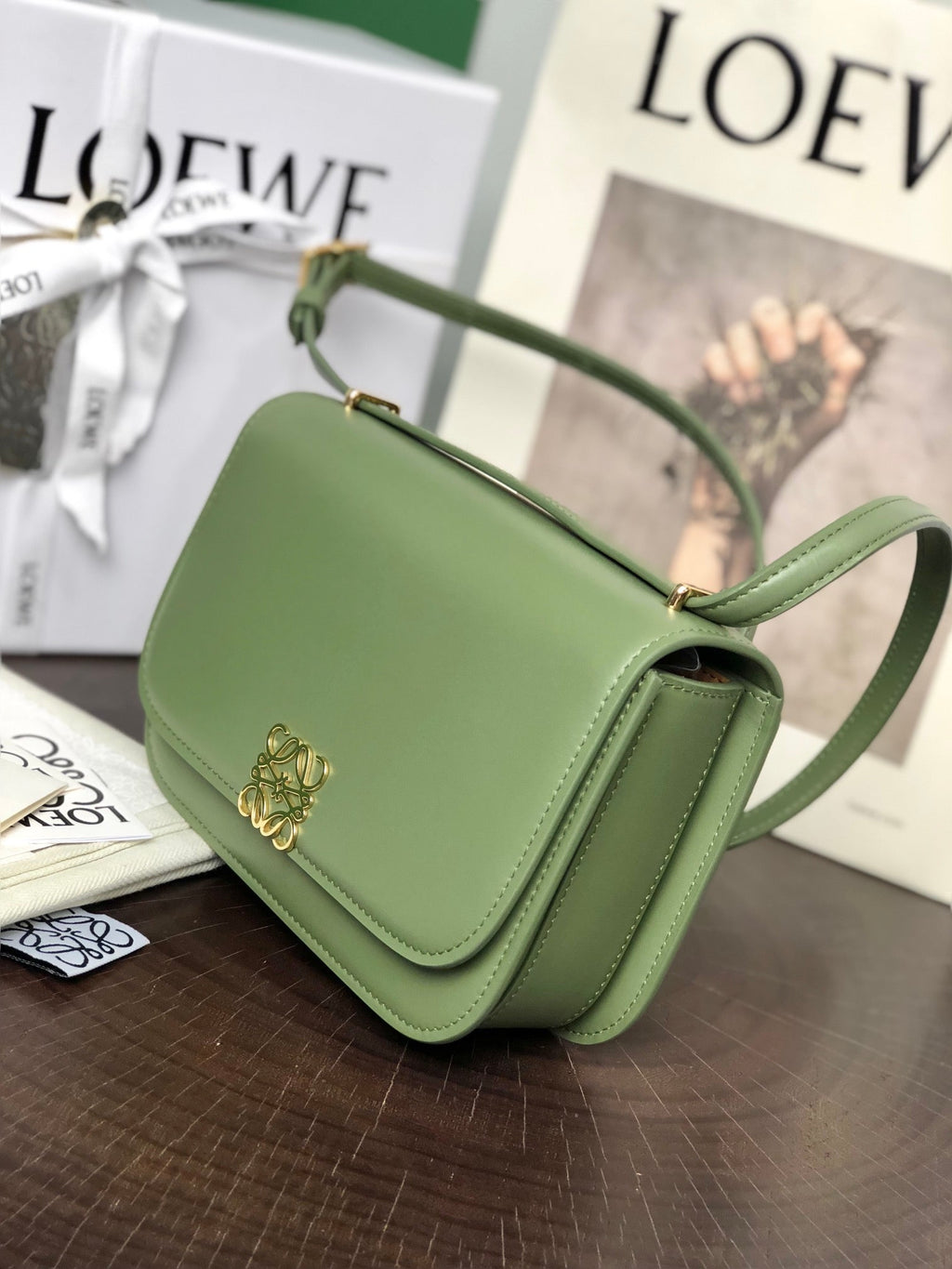 LOEWE GOYA 18 BAG IN AVOCADO GREEN SILK CALFSKIN