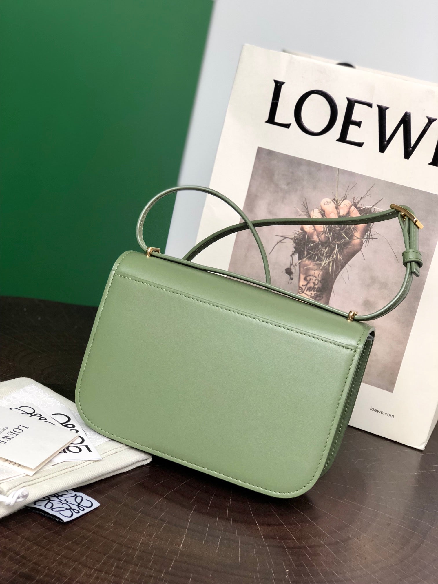 LOEWE GOYA 18 BAG IN AVOCADO GREEN SILK CALFSKIN