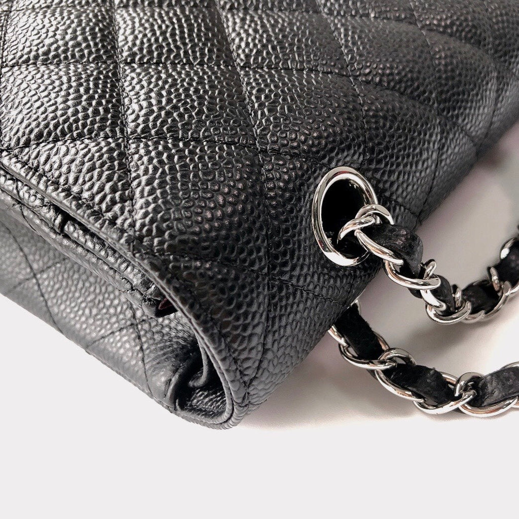 CHANEL FLAP BAG 25 IN BLACK CAVIAR LEATHER SILVER HARDWARE