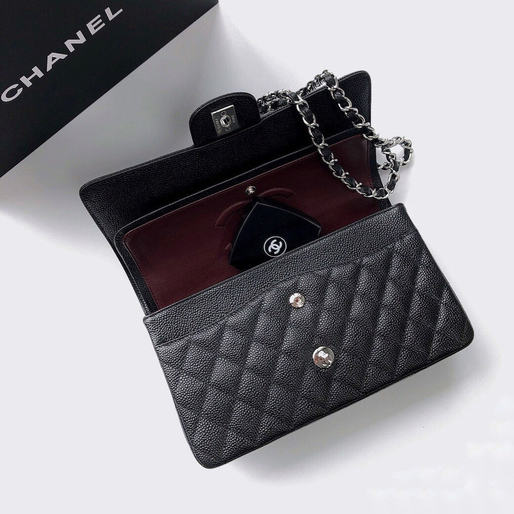 CHANEL FLAP BAG 25 IN BLACK CAVIAR LEATHER SILVER HARDWARE