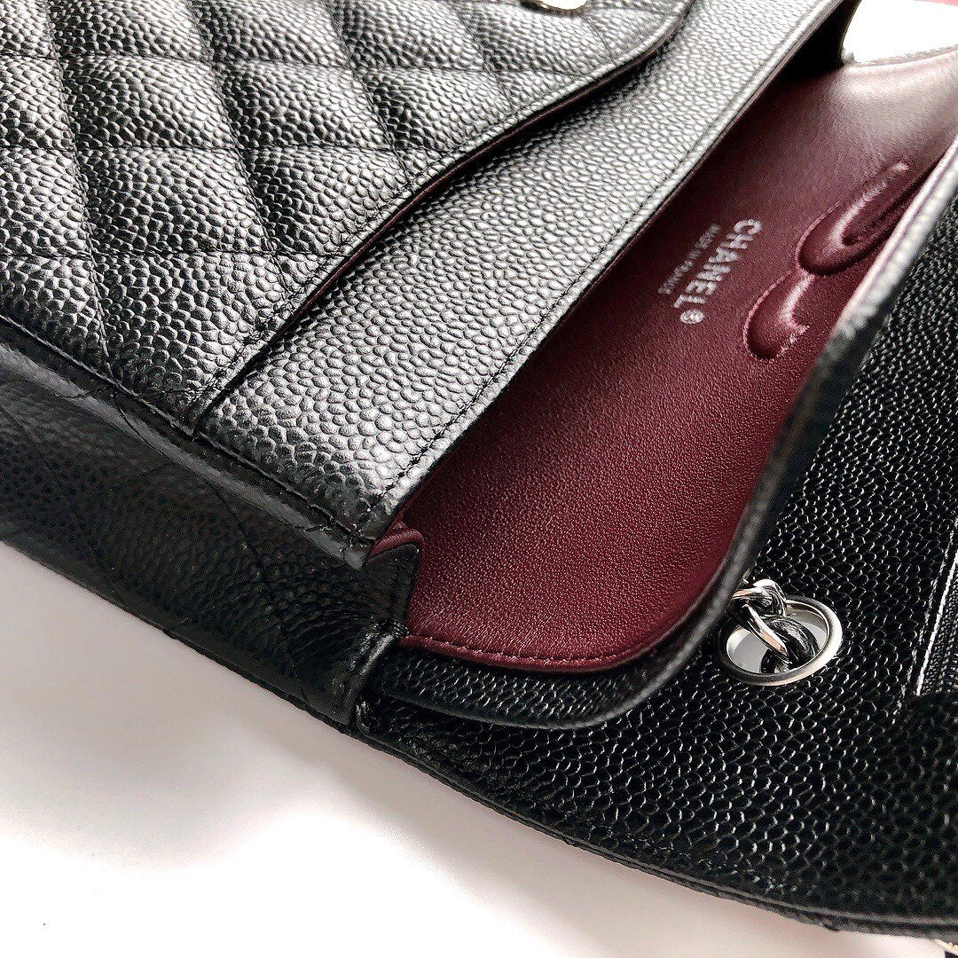 CHANEL FLAP BAG 25 IN BLACK CAVIAR LEATHER SILVER HARDWARE
