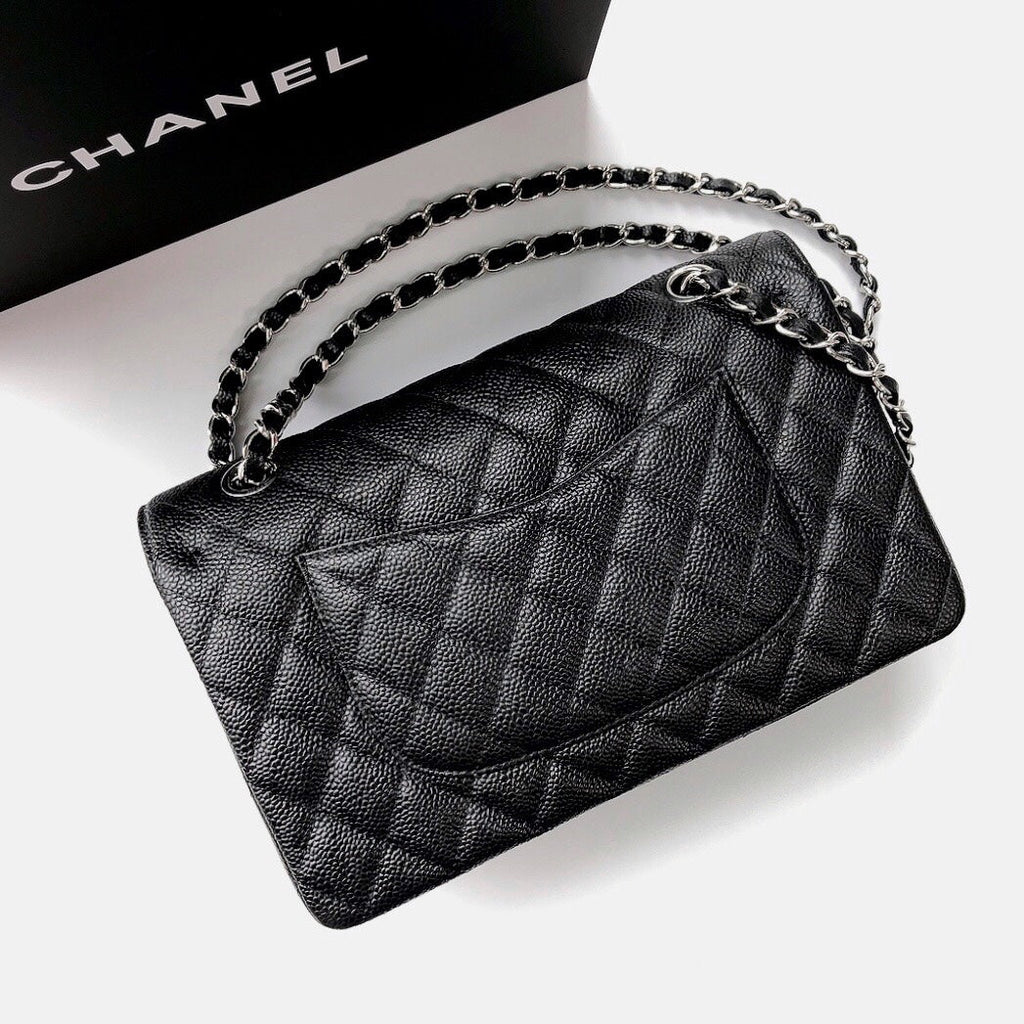CHANEL FLAP BAG 25 IN BLACK CAVIAR LEATHER SILVER HARDWARE