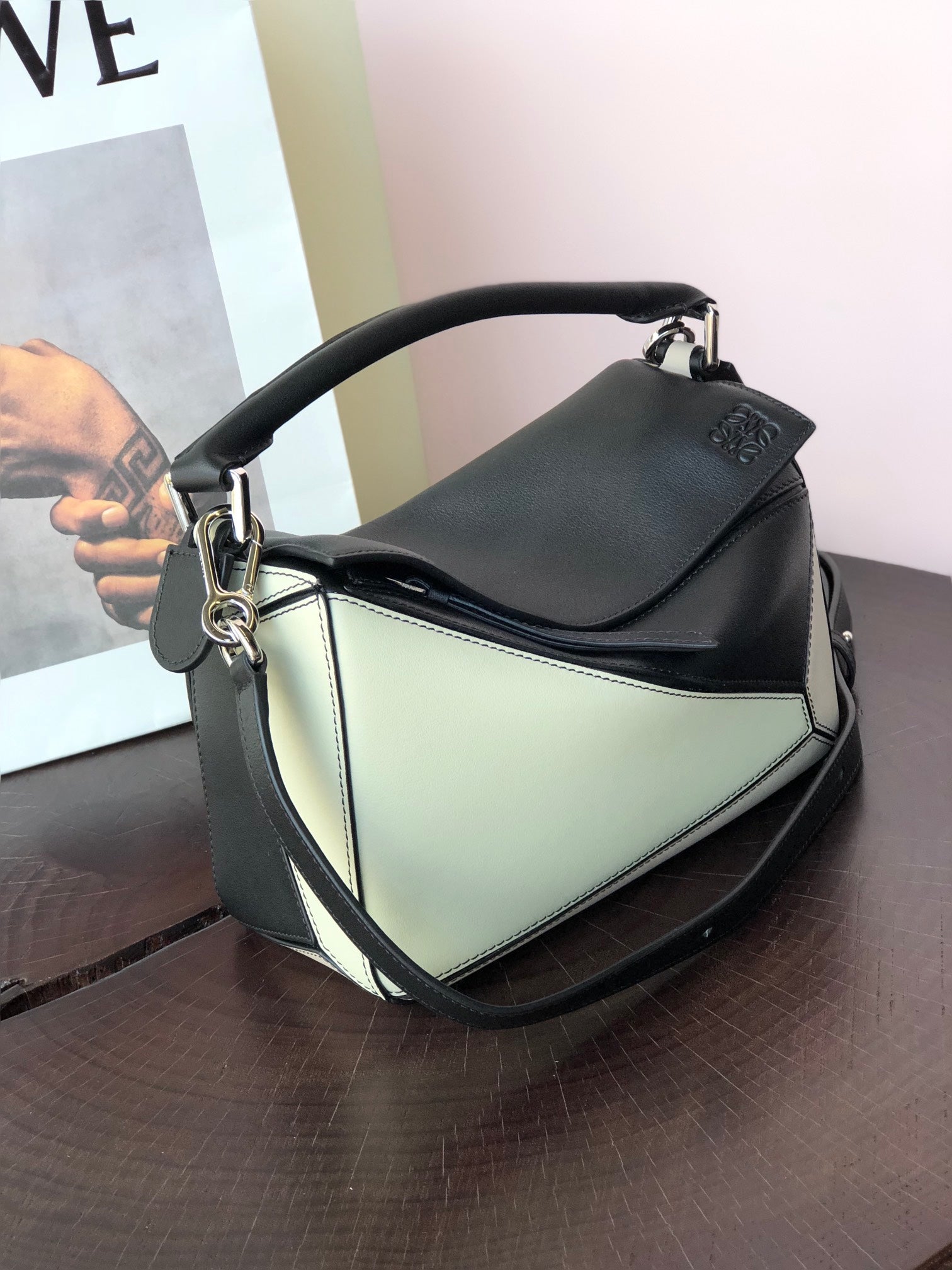 LOEWE LOE MINI PUZZLE 18 BAG IN BLACK MIX WHITE CALFSKIN
