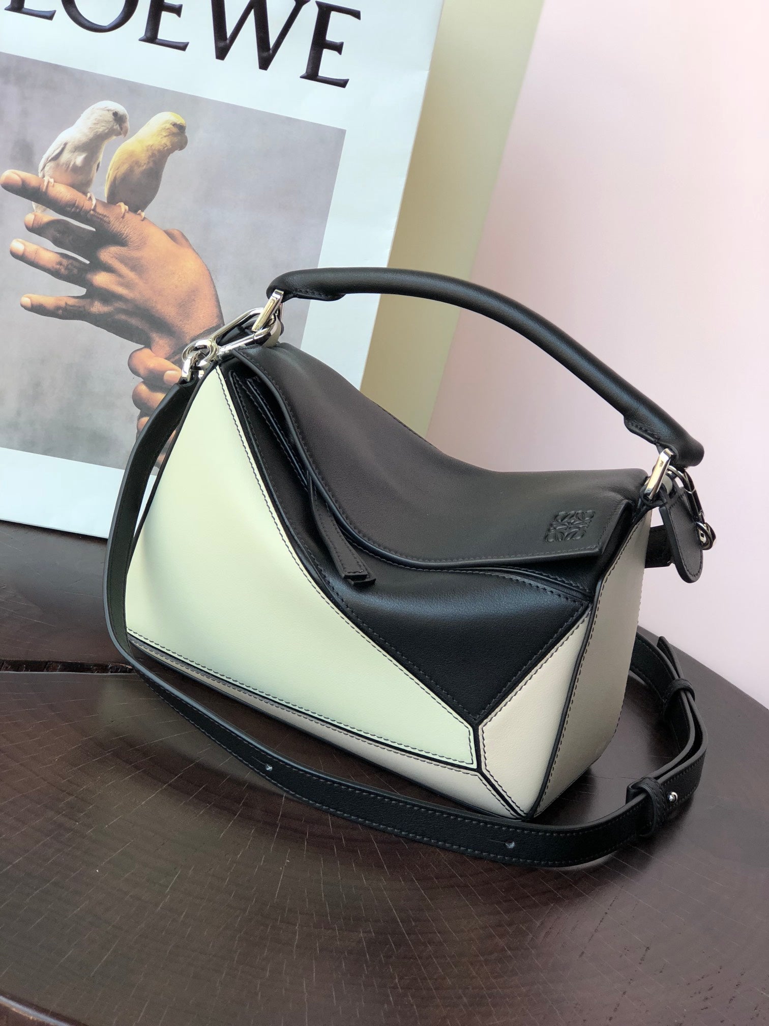 LOEWE LOE MINI PUZZLE 18 BAG IN BLACK MIX WHITE CALFSKIN