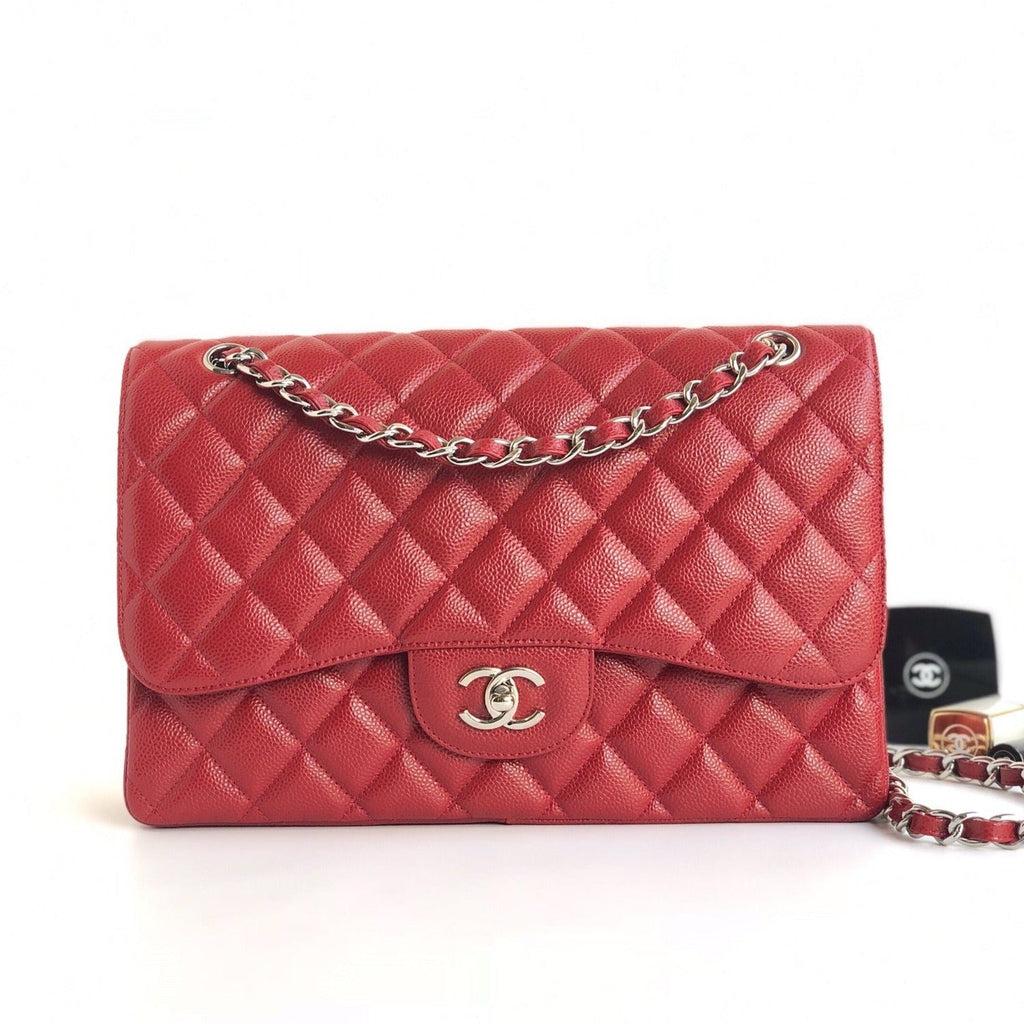 CHANEL FLAP BAG JUMBO 30CM RED CAVIAR SILVER HARDWARE