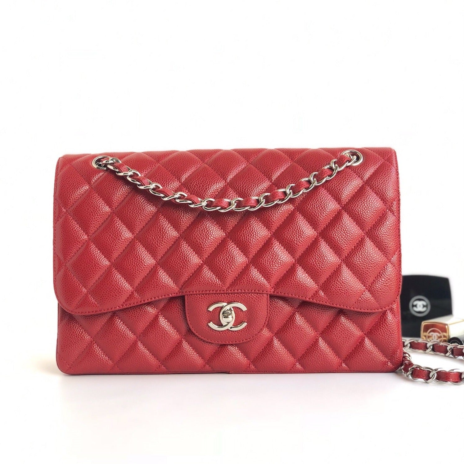 CHANEL FLAP BAG JUMBO 30CM RED CAVIAR SILVER HARDWARE