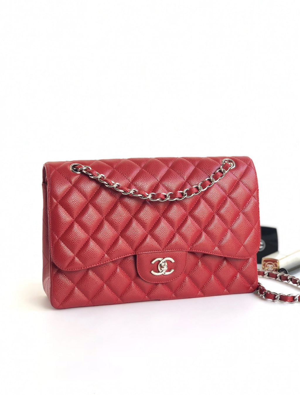 CHANEL FLAP BAG JUMBO 30CM RED CAVIAR SILVER HARDWARE