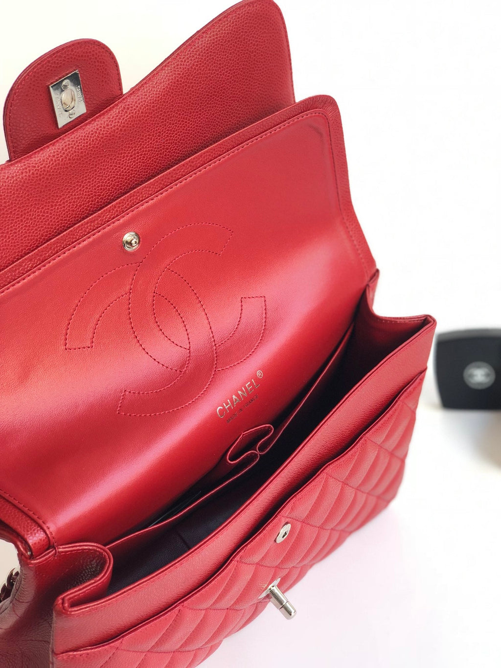 CHANEL FLAP BAG JUMBO 30CM RED CAVIAR SILVER HARDWARE