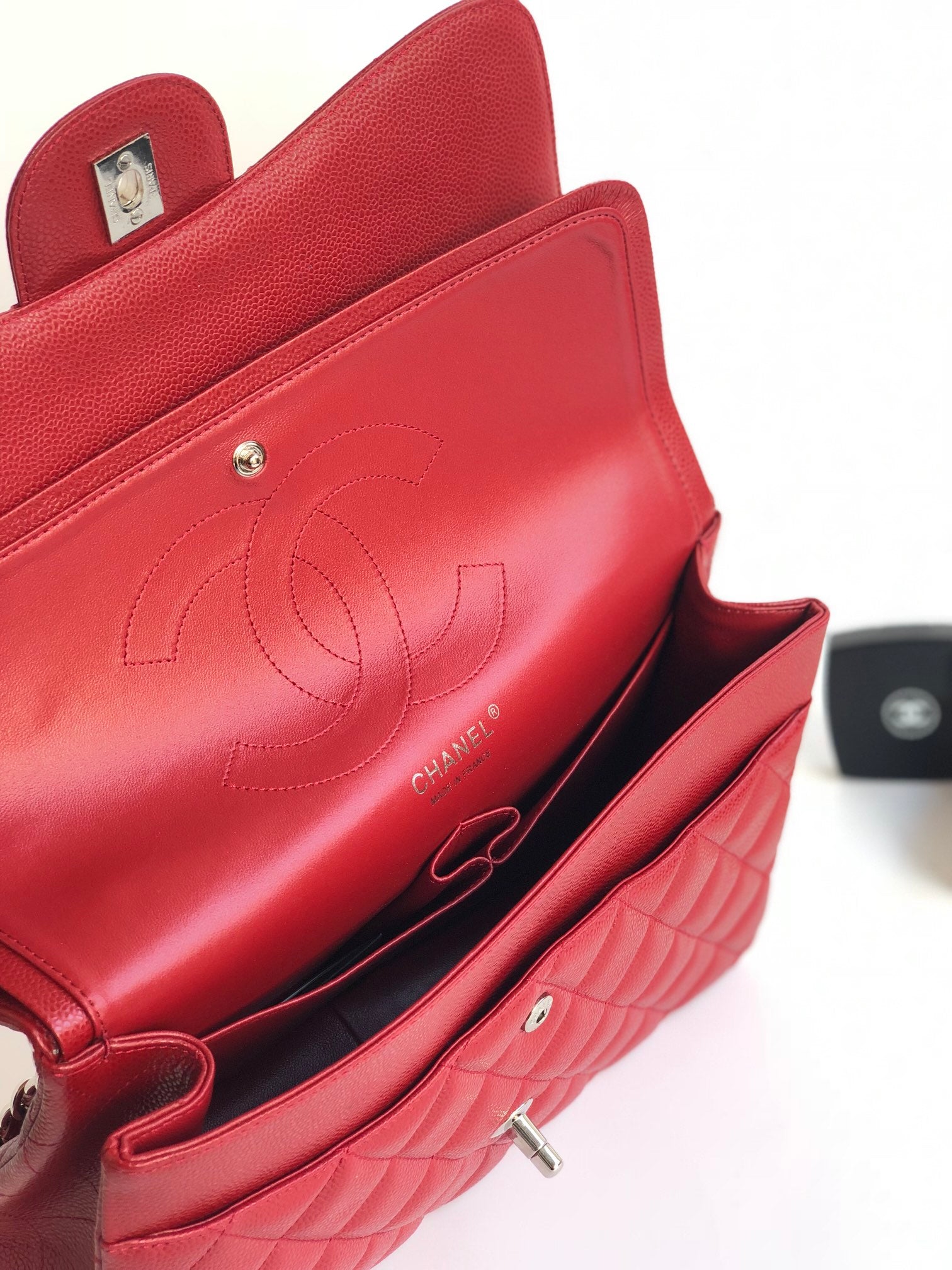 CHANEL FLAP BAG JUMBO 30CM RED CAVIAR SILVER HARDWARE