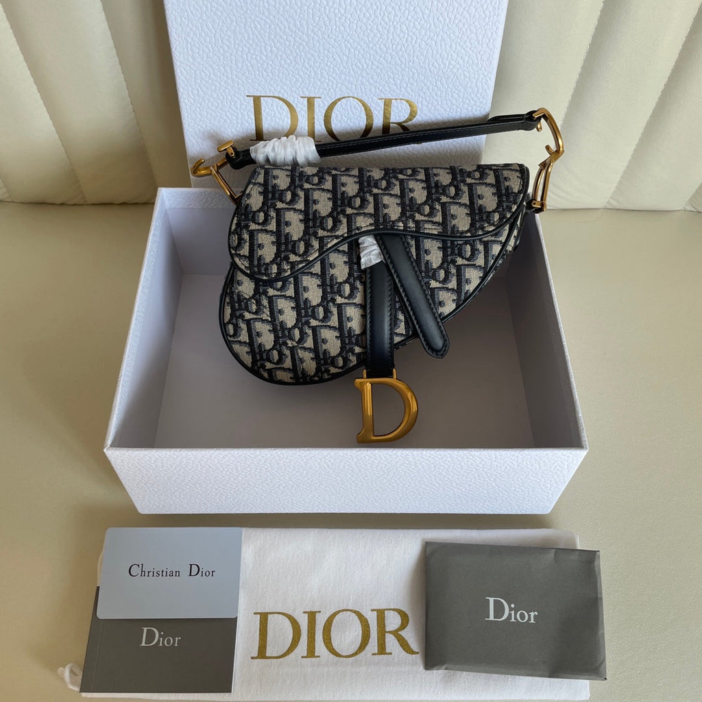DIOR CD Saddle Bag Strap With Strap 19cm Blue Obique Embroidery